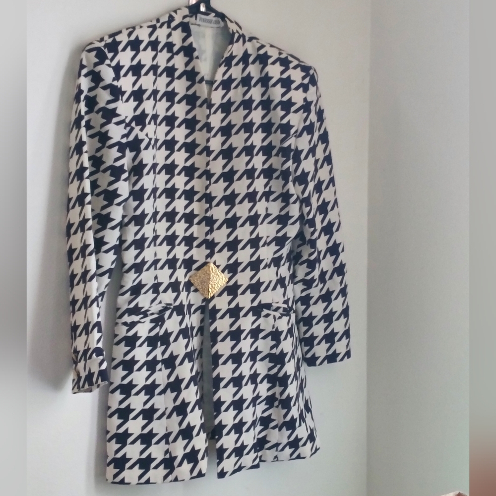 Finesse Chad Blazer Women Large Black & White Houndstooth Vtg Office Preppy 90's